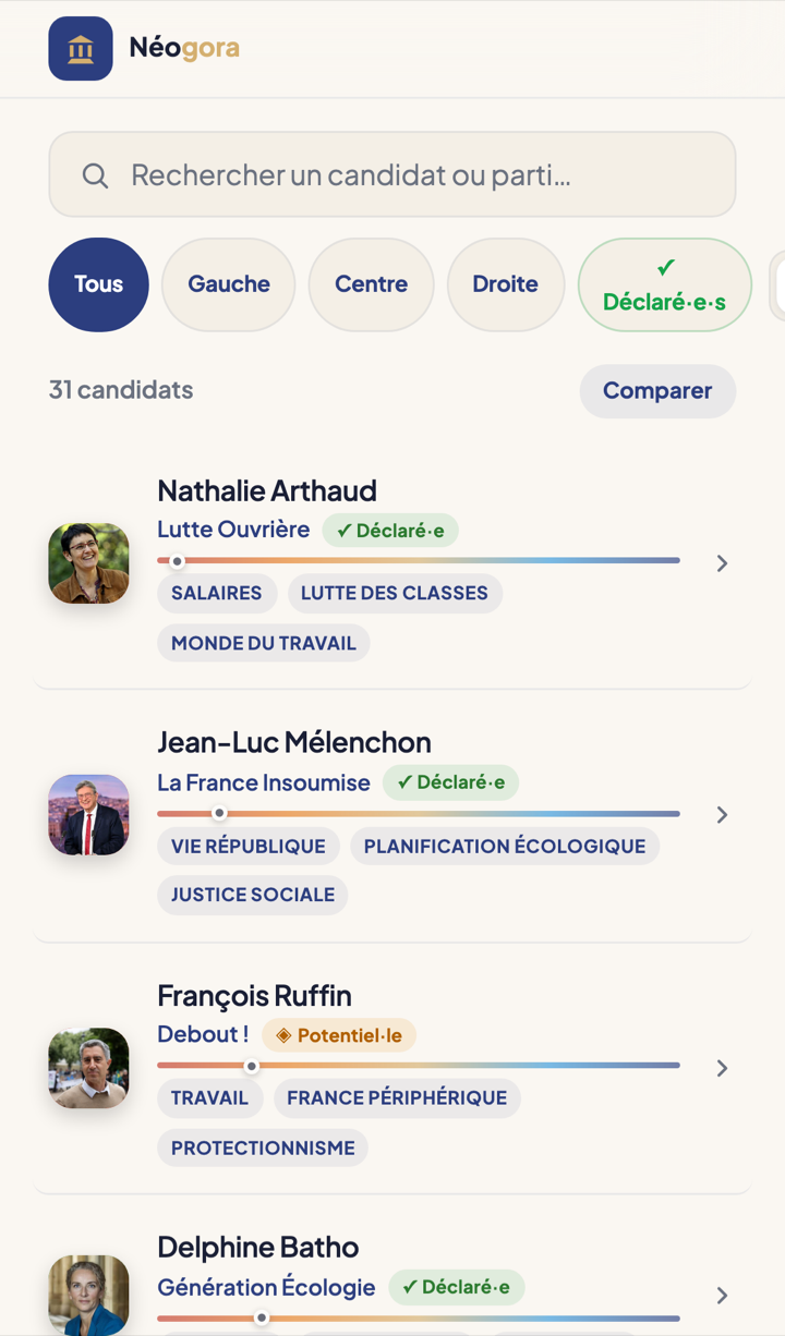 Capture d’écran de l’application Néogora — L’annuaire des candidats