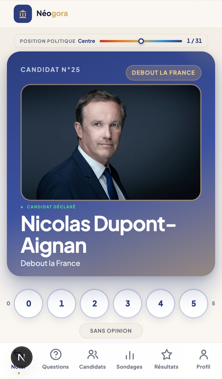 Capture d’écran de l’application Néogora — Notez les candidats